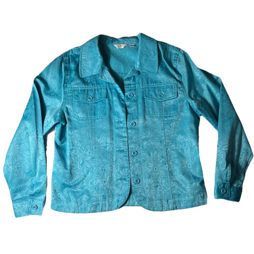 Erin Women’s Large Turquoise Floral Jacquard Blazer Shirt Jacket‎ Long Sleeve